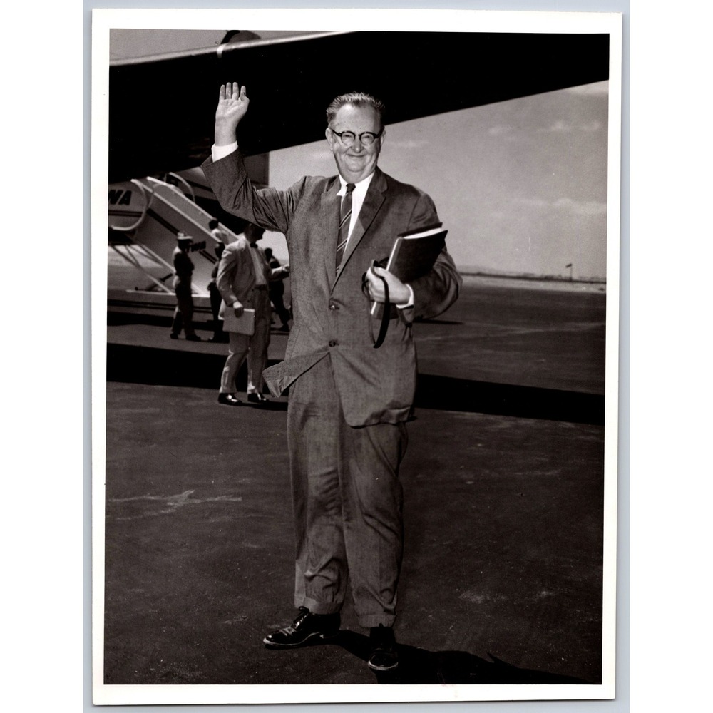 Vintage Original Photograph Man Waving at Airport Airplane 1950s Black & White